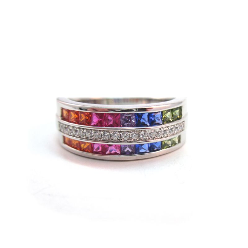 Sterling Silver Rainbow and Clear Cubic Zirconias Ring - Click Image to Close